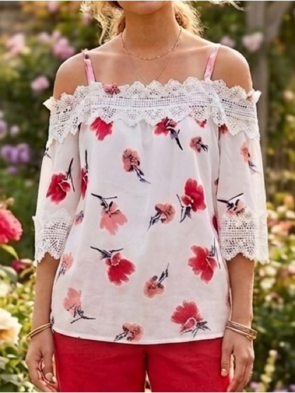 BCX White and Red Floral Lace Accents Off Shoulder Blouse Women’s XSmall Boho